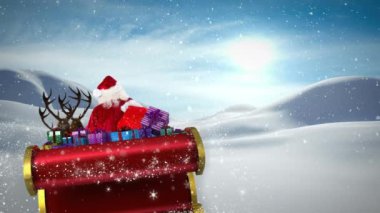 Noel Baba 'nın kızakta Noel hediyeleri ve kış manzarasına yağan karla canlandırılması. Noel, gelenek ve kutlama konsepti dijital olarak oluşturuldu.