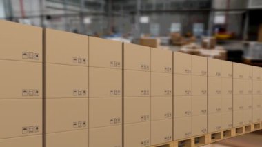 Karton kutuların ambarın üzerinde taşıyıcı bant üzerinde hareket etmesinin animasyonu. küresel gönderim ve bağlantılar konsepti dijital olarak oluşturulmuş video.