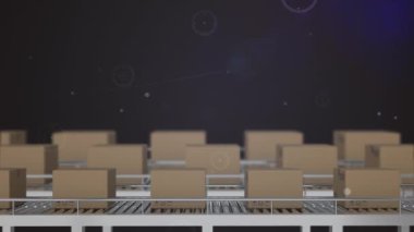 Depodaki taşıma bantlarındaki kutuların üzerindeki bağlantı ağının animasyonu. küresel sevkiyat, dağıtım ve bağlantılar konsepti dijital olarak oluşturulmuş video.