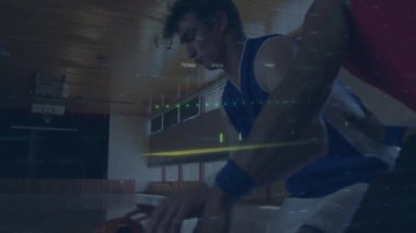 Basketbolcu üzerinden veri işleme animasyonu. global spor, dijital arayüz ve veri işleme kavramı dijital olarak oluşturulmuş video.