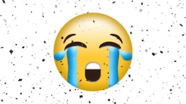 Düşen konfeti üzerine hüzünlü emoji ikonu animasyonu. küresel sosyal medya ve iletişim konsepti dijital olarak oluşturulmuş video.