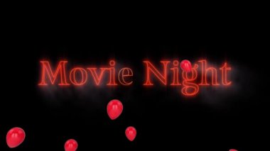 Siyah arka planda kırmızı balonlu kırmızı neon harflerle yazılı kısa film gecesi animasyonu. communication, social network, boş zaman ve eğlence konsepti dijital olarak oluşturulmuş video.