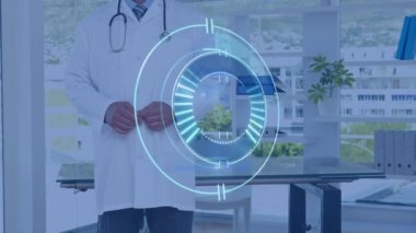 Doktorun kameraya bakışını gösteren bir animasyon. küresel tıp, sağlık ve teknoloji konsepti dijital olarak üretilen video.