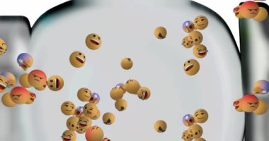 Gri arkaplanda birden fazla düşen emojinin animasyonu. Sosyal medya ve iletişim konsepti dijital olarak oluşturulmuş video.