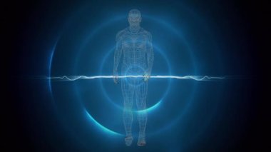 Mavi daireler üzerinde yürüyen insan animasyonu. küresel sağlık, ilaç ve sağlık hizmetleri kavramı dijital olarak üretilen video.