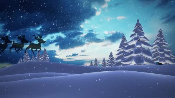 冬の雪景色を見渡すトナカイとそりでのサンタクラスのアニメーション クリスマス お祝いのコンセプトをデジタルで — ストック動画