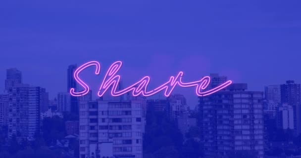 Animation Pink Neon Share Text Cityscape Business Networking Connections Technology — Αρχείο Βίντεο