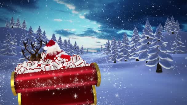 Анімація Санта Клауса Санчатах Різдвяними Подарунками Снігом Падають Зимовий Пейзаж — стокове відео