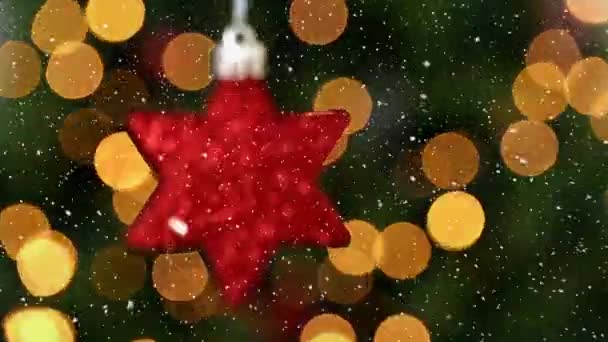 Анимация Снега Падающего Красную Звезду Рождественские Безделушки Украшения Рождество Традиции — стоковое видео