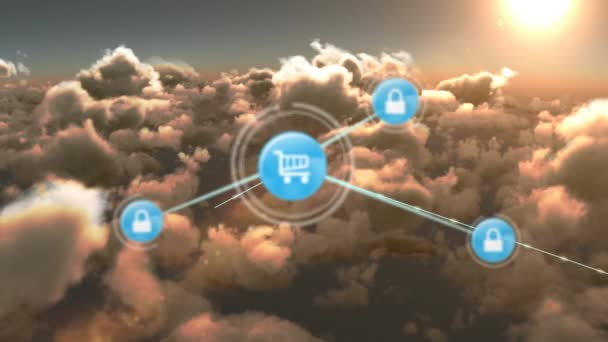 Animacja Sieci Połączeń Ikonami Nad Chmurami Niebie Globalne Połączenia Online — Wideo stockowe