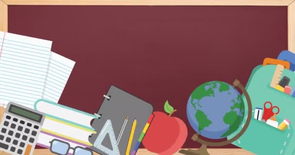 Animation von Symbolen für Schulgegenstände auf rotem Hintergrund. Bildungs-, Entwicklungs- und Lernkonzept digital generiertes Video.