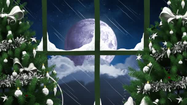 窓から見えるクリスマスの装飾と冬の風景のアニメーション クリスマス お祝いのコンセプトをデジタルで — ストック動画