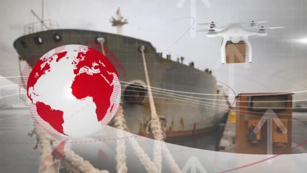 항구에 소포가 드론을 네트워크 애니메이션 글로벌 비즈니스 디지털 인터페이스 디지털 — 비디오