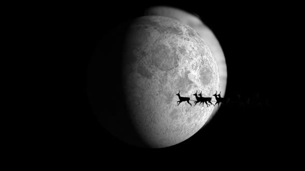 Animacja Świętego Mikołaja Saniach Reniferami Przelatującymi Nad Księżycem Gwiazdami Boże — Wideo stockowe