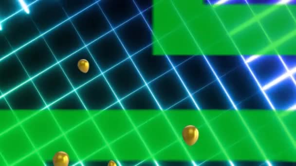 Animation Green Text Cyber Monday Moving Neon Grid Gold Balloons — Stock Video