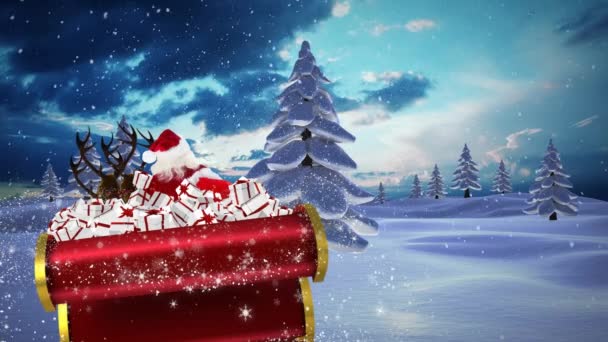 Animatie Van Kerstman Slee Met Kerstcadeaus Sneeuw Vallen Het Winterlandschap — Stockvideo