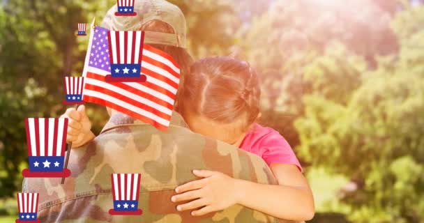 Animation Soldier Daughter American Flag Hats Patriotism Celebration Concept Digitally — Stock Video