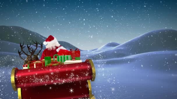 Animação Papai Noel Trenó Com Presentes Natal Neve Caindo Paisagem — Vídeo de Stock