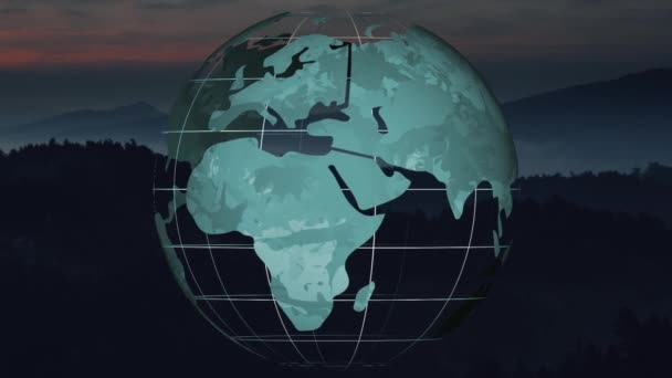 Animacja Kuli Ziemskiej Wirującej Nad Krajobrazem Globalne Media Społecznościowe Połączenia — Wideo stockowe
