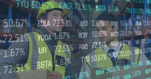 Animação Processamento Dados Financeiros Sobre Homens Que Trabalham Armazém Conceito — Vídeo de Stock