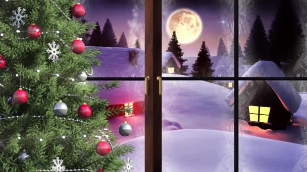 透过窗户看到的冬季风景的动画和圣诞装饰 圣诞节 传统和庆祝概念数字制作的视频 — 图库视频影像