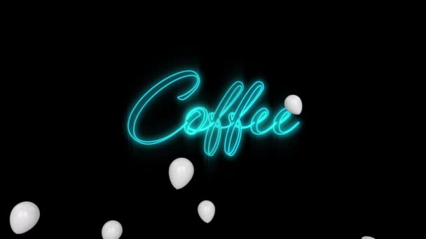 Animation Des Textkaffees Blauen Leuchtbuchstaben Mit Weißen Luftballons Auf Schwarzem — Stockvideo