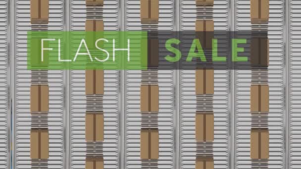 Animation Flash Sale Text Cardboard Boxes Conveyor Belts Global Delivery — Stock Video