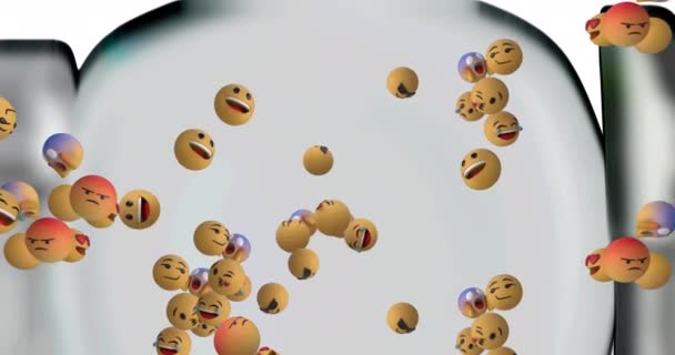 Анимация Нескольких Падающих Эмодзи Сером Фоне Социальные Медиа Коммуникационная Концепция — стоковое видео