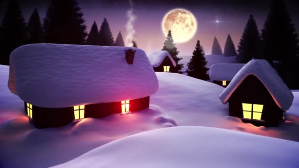 Animatie Van Kerstman Slee Met Rendieren Boven Het Winterlandschap Maan — Stockvideo