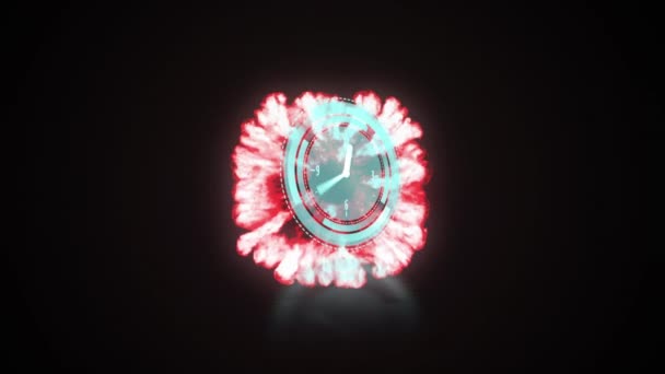 黒い背景に回転手と赤い煙爆発と時計のアニメーション デジタルインターフェース技術の概念デジタルで生成されたビデオ — ストック動画