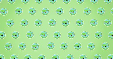 O yeşil arka planda tekrarlanan birden fazla gülen küre bileşimi. küresel koruma ve Dünya Günü konsepti dijital olarak oluşturulmuş görüntü.