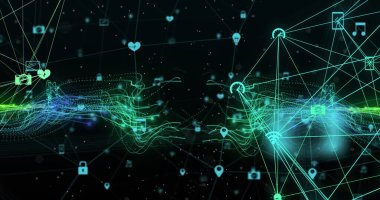 Siyah arkaplan üzerinde hareket eden parlayan yeşil bağlantı ağı ve ortam simgelerinin görüntüsü. iletişim teknolojisi ve medya paylaşım konsepti, dijital olarak oluşturulmuş görüntü.