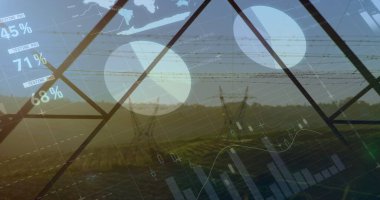 İletim kuleleri olan bir alanın ön planında çalışan grafik ve istatistiklerin dijital görüntüsü