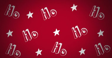 Ho, ho, ho metin ve köknar ağacı dalları kırmızı arkaplanda hareket eden beyaz yıldızlar. Noel kutlaması konsepti dijital olarak oluşturulmuş görüntü.