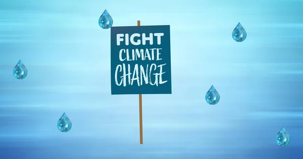 青い背景にプラカードと液滴上の戦いの気候変動テキストの組成 地球の保全と地球の日の概念をデジタルで — ストック写真