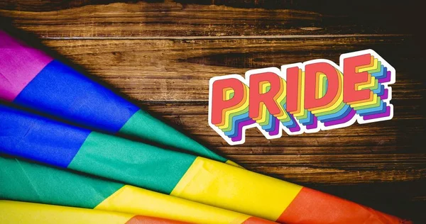 Texto Del Orgullo Bandera Del Arco Iris Sobre Tablas Madera — Foto de Stock