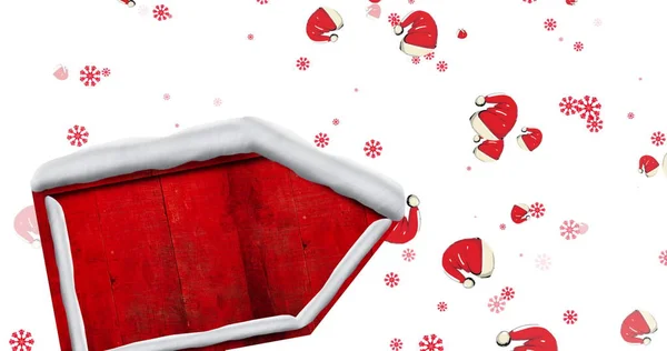 Изображение Красной Вывески Покрытой Снегом Шляпы Санта Клауса Красные Снежинки — стоковое фото