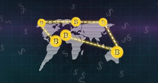Afbeelding Van Wereldkaart Met Gekoppelde Bitcoin Symbolen Zwevende Amerikaanse Dollar — Stockfoto