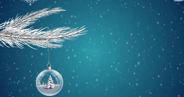 Digital Bild Snö Faller Över Jul Dekorationer Hängande Mot Blå — Stockfoto