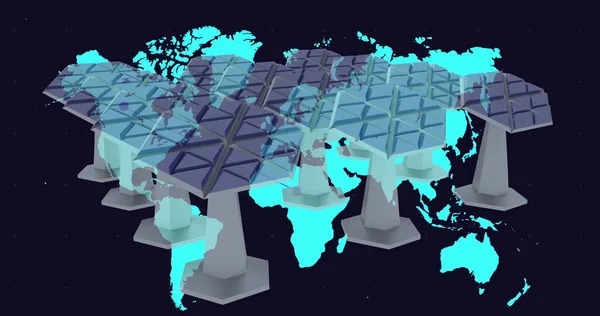 黒い背景の世界地図に対する複数の交通コーンの上の太陽電池パネル 世界的なネットワーキングと再生可能エネルギーの概念 — ストック写真