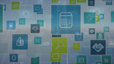 Beyaz zemin üzerinde veri işleme üzerine dijital simgelerin animasyonu. küresel sosyal medya, bağlantılar ve dijital arayüz konsepti dijital olarak oluşturulmuş video.