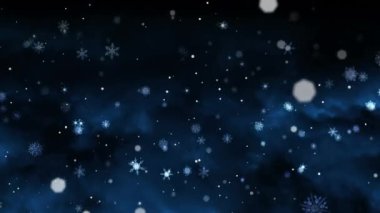 Gece gökyüzünde yüzen beyaz ışık noktaları ve kar tanelerinin animasyonu. bağlantı, hava ve doğa kavramı dijital olarak oluşturulmuş video.