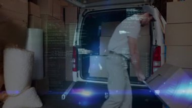 Teslimatçı üzerinde veri işleme animasyonu. küresel gönderim ve bağlantılar konsepti dijital olarak oluşturulmuş video.