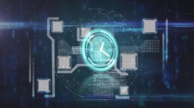 Bağlantı ağlarının animasyonu ve siyah arkaplan üzerindeki saat simgesi. küresel bağlantılar, dijital arayüz, dijital olarak oluşturulan veri işleme konsepti.
