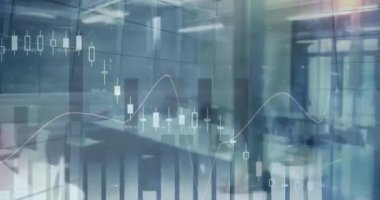 Ofiste yürüyen iş adamları üzerinde finansal veri işleme animasyonu. küresel finans, iş ve dijital arayüz kavramı dijital olarak oluşturulmuş video.