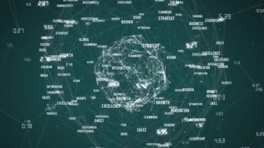 Dünya üzerindeki iş metinleriyle bağlantı ağının animasyonu. iletişim teknolojisi, veri paylaşımı ve dijital arayüz konsepti dijital olarak oluşturulmuş video.