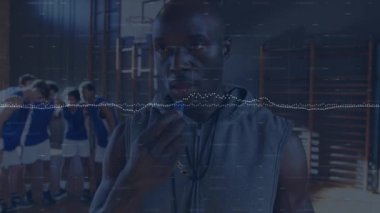 Basketbolcular üzerinde veri ve istatistik işleme animasyonu. global spor, dijital arayüz ve veri işleme kavramı dijital olarak oluşturulmuş video.