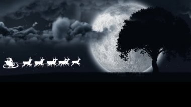Noel Baba 'nın kızak içindeki animasyonu. Ren geyikleri ayın ve ağacın üzerinden geçiyor. Noel, gelenek ve kutlama konsepti dijital olarak oluşturuldu.