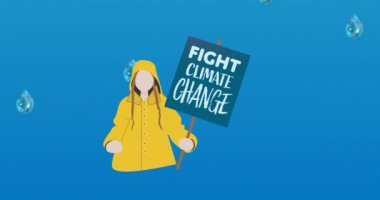 Kişi tarafından tutulan pankart üzerindeki iklim değişikliği metninin animasyonu ve mavi arkaplana düşen damlalar. küresel koruma ve yeşil farkındalık kavramı dijital olarak oluşturulmuş video.