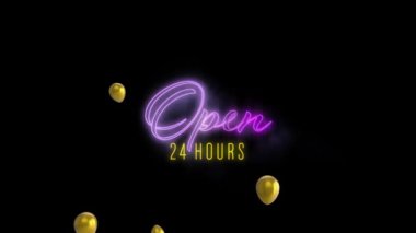 Açık metin animasyonu 24 saat açık, mor neon ve sarı, siyah arka planda altın balonlar. communication, perakende, kutlama, sosyal ağ ve eğlence konsepti dijital olarak oluşturulmuş video.